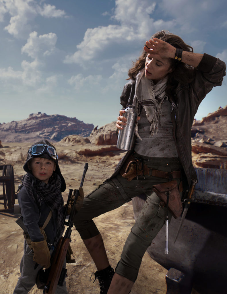 Post-apocalyptic beautiful brunette woman with son outdoor